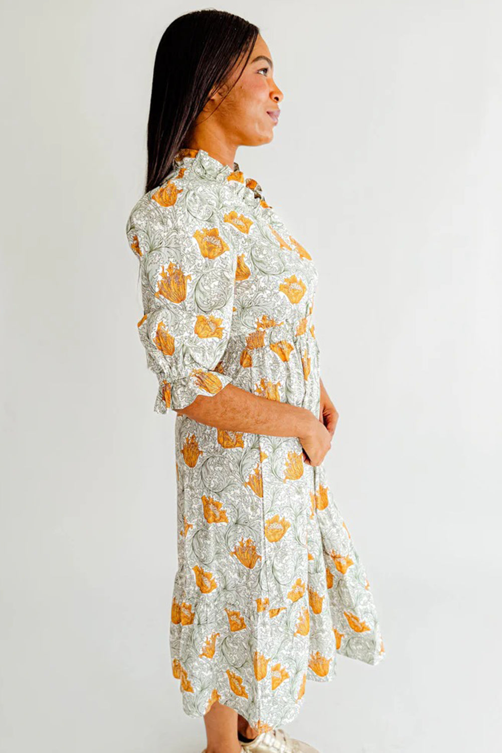 Brown Floral Printed Frilled V Neck Bracelet Sleeve Long Dress
