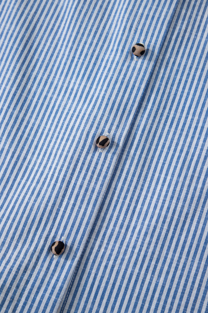 Sky Blue Stripe Contrast Frilled Leopard Trim Casual Long Sleeve Shirt