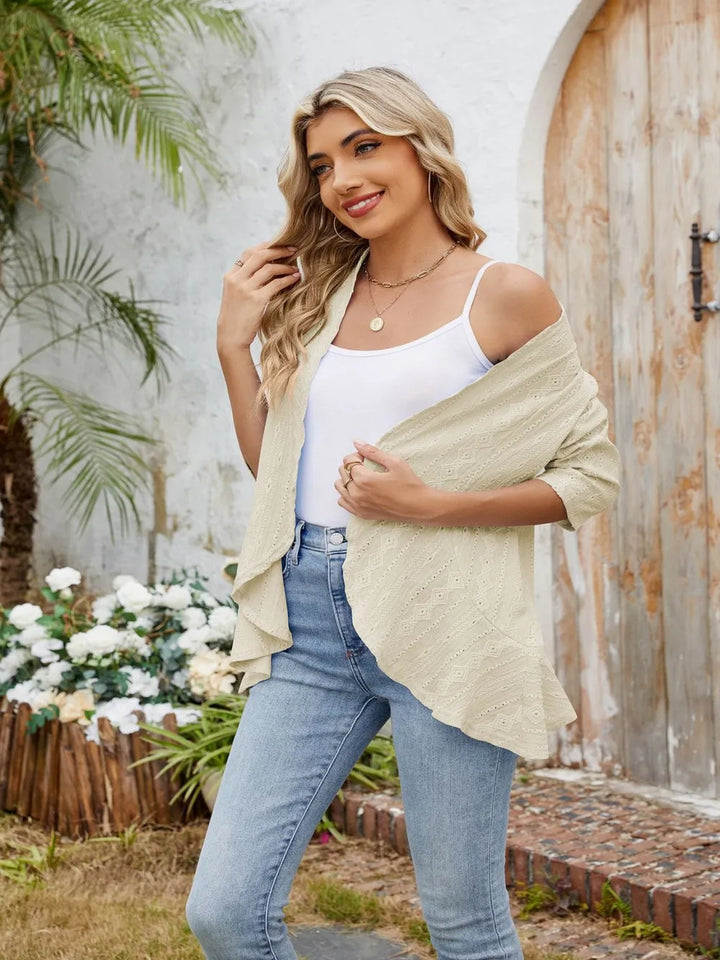 Eyelet Open Front Three-Quarter Sleeve Top