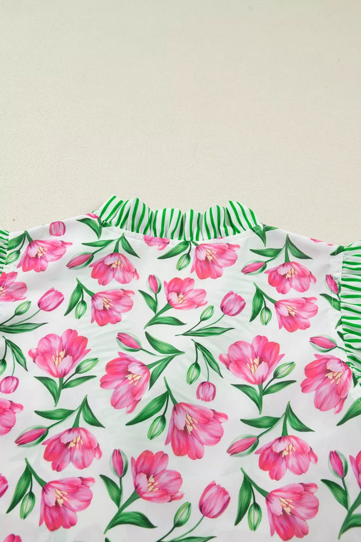 Floral Print Striped Ruffle Trim V Neck Blouse