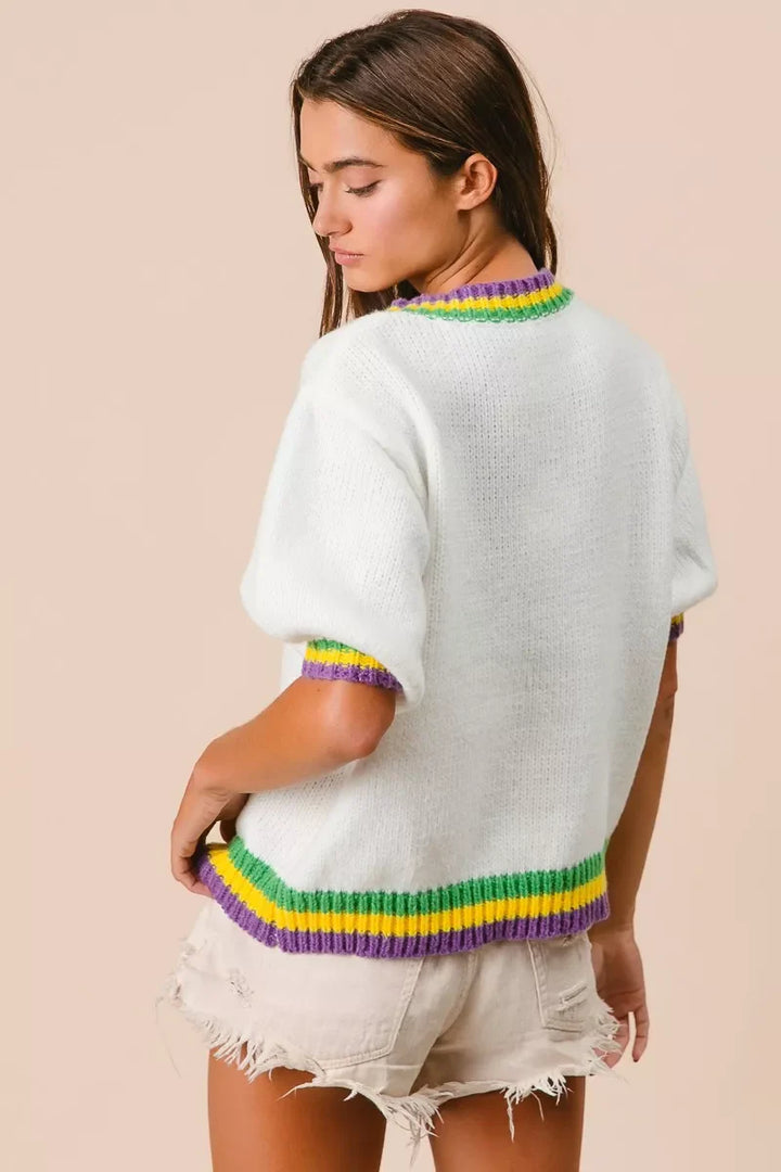 BiBi Short Puff Sleeve Ribbon Bow Mardi Gras Sweater
