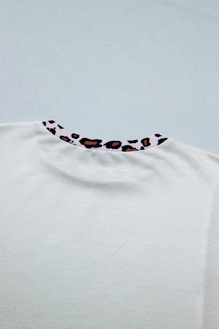 White Ribbed Leopard Patchwork Uneven Hem T Shirt