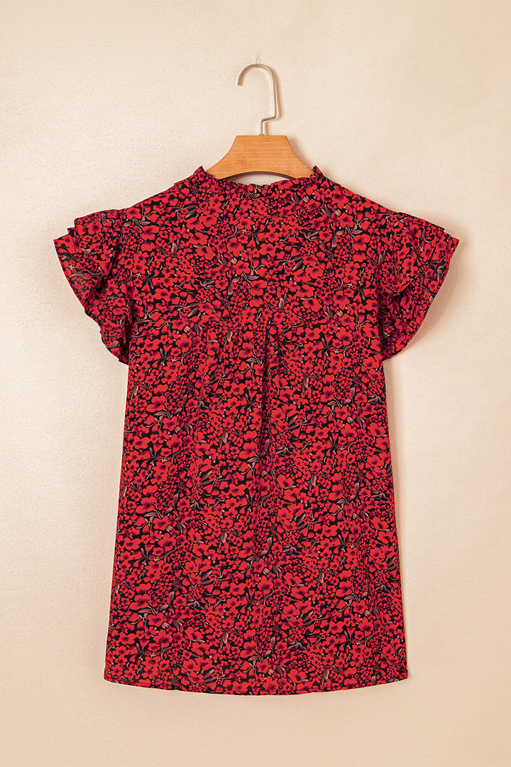Fiery Red Rose Floral Print Ruffle Sleeve Plus Size Shift Top