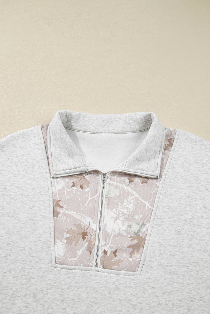 Gray Camo Leaves Patchwork Zipped Collar Pullover Plus Size Sweatshirt