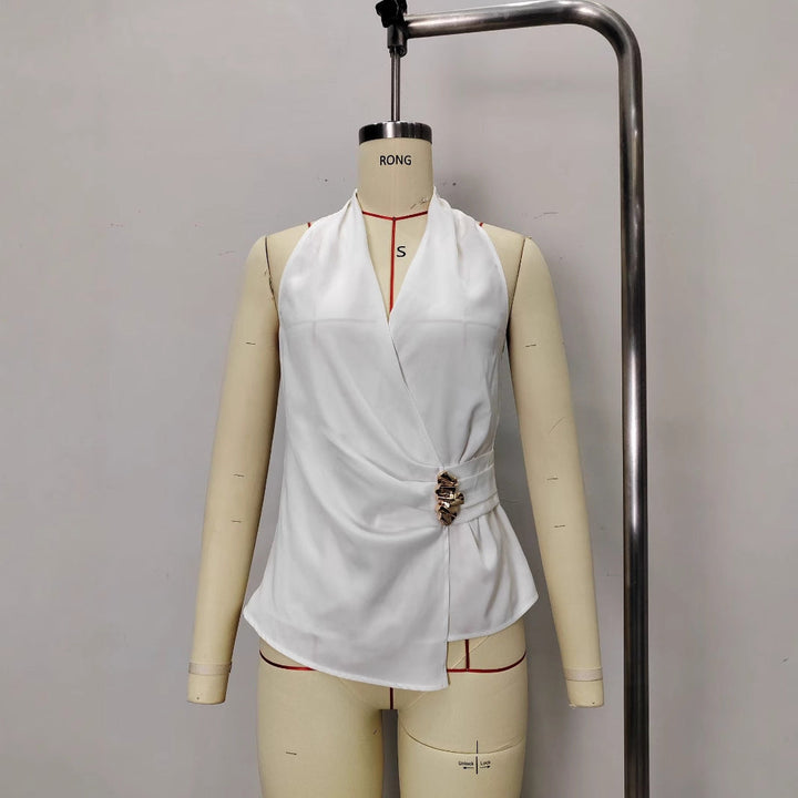 French-style Satin V-neck Slim-fit Sleeveless Blouse With Tie Detailing