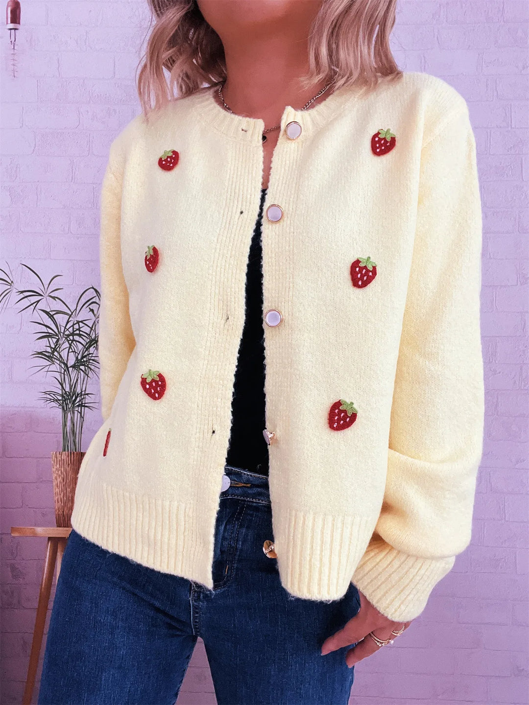 Strawberry Button Up Long Sleeve Cardigan