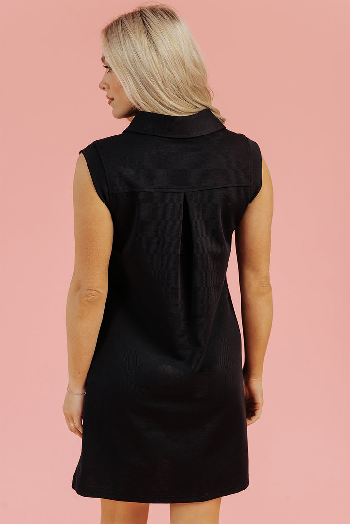 Black Sequin Patched V Neck Collared Mini Dress