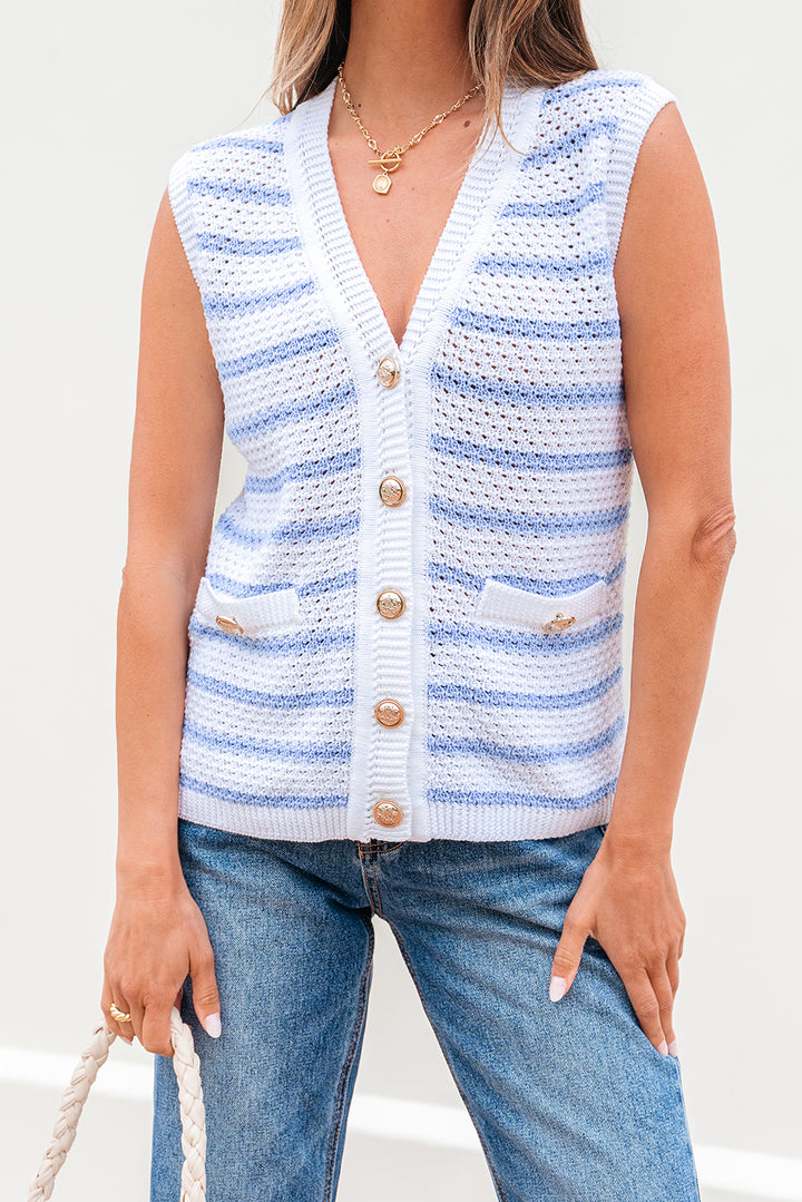 Sky Blue Stripe V Neck Gold Buttons Elegant Sweater Vest
