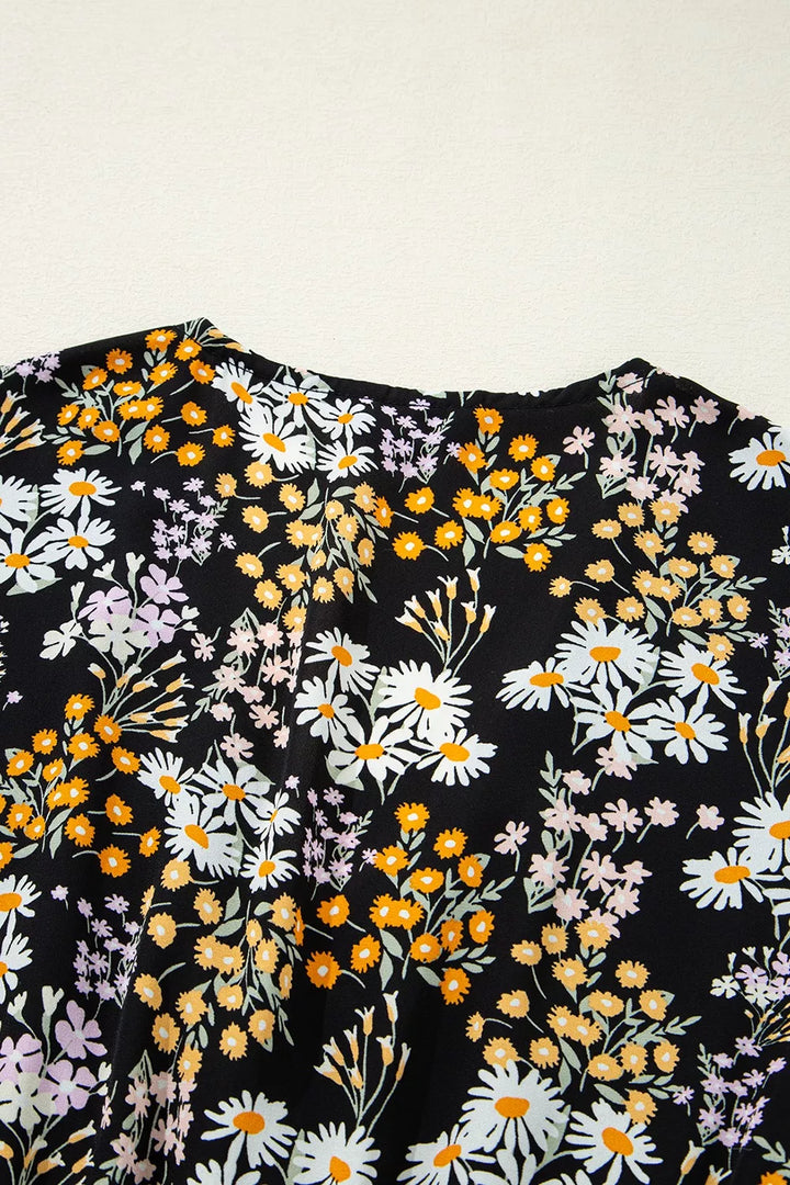 Floral Print V Neck Smocked Babydoll Blouse