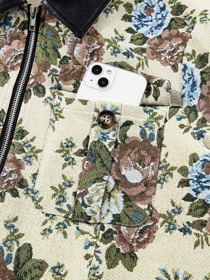 Floral Print Zip Up Contrast Collared Jacket