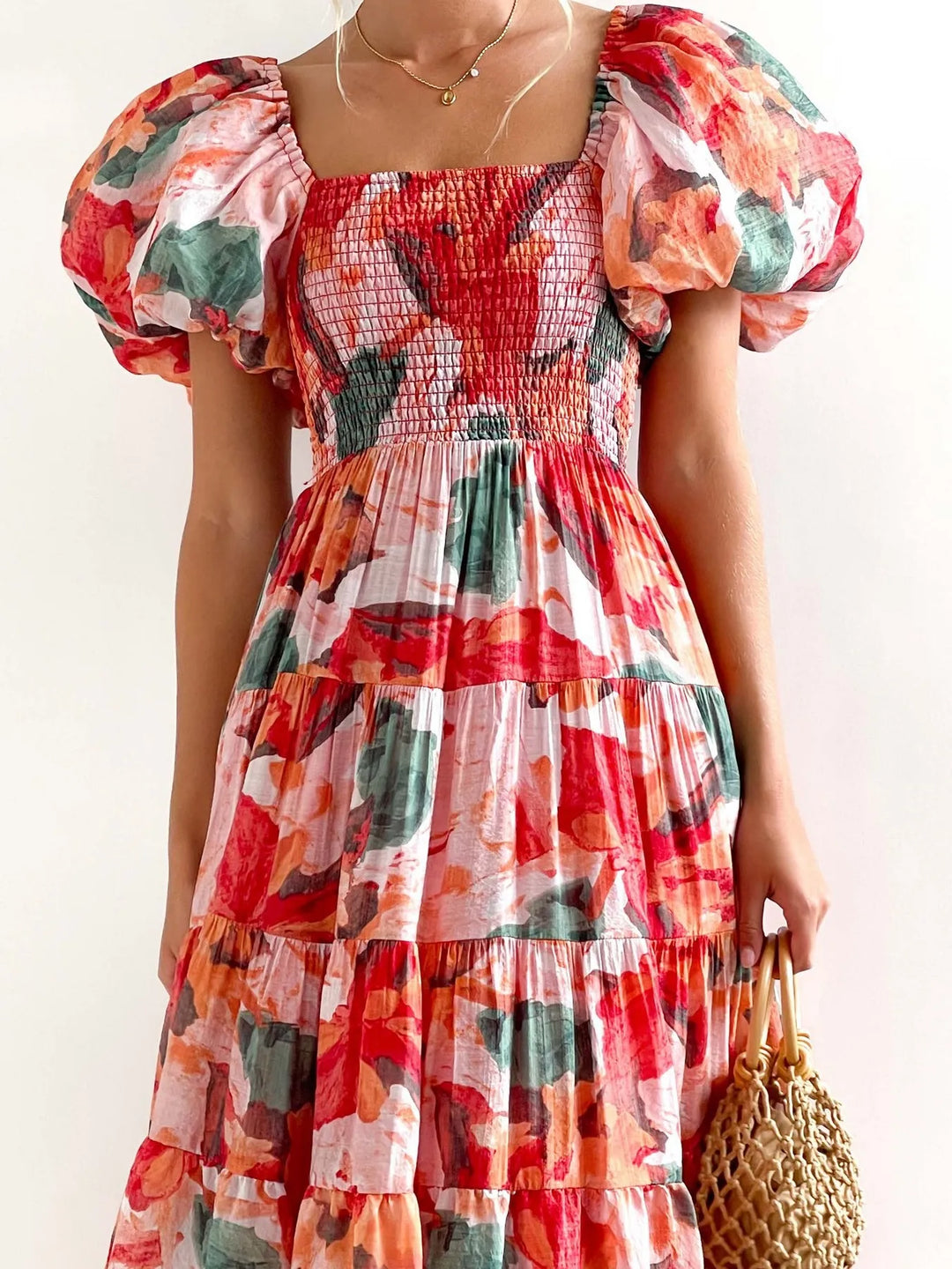 Floral Smocked Puff Sleeve Tiered Dress