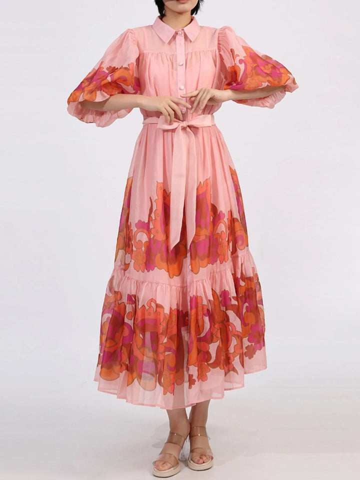 Button Front Puff Sleeve Dress