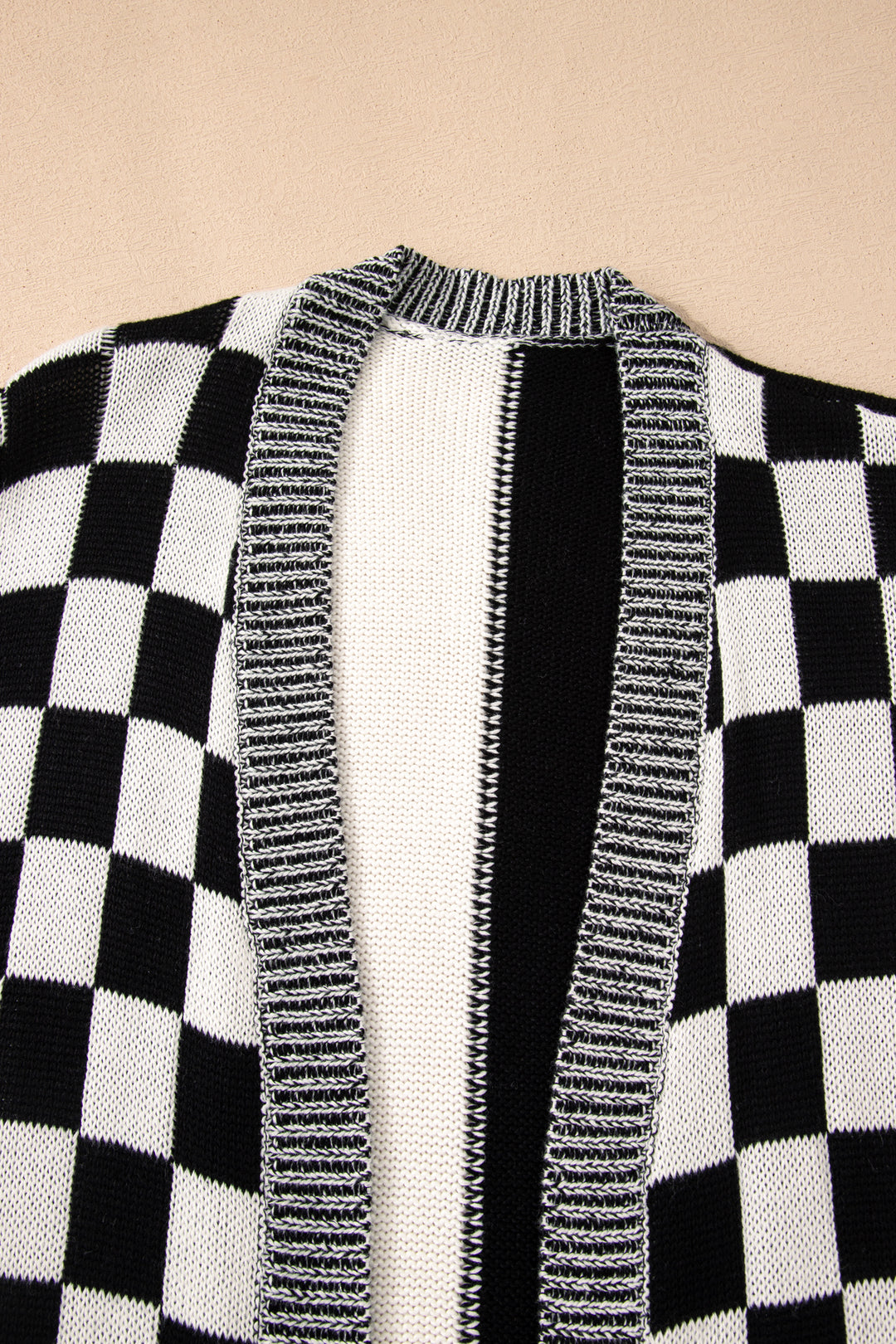 Black Plus Size Checkered Bubble Sleeve Drop Shoulder Open Cardigan