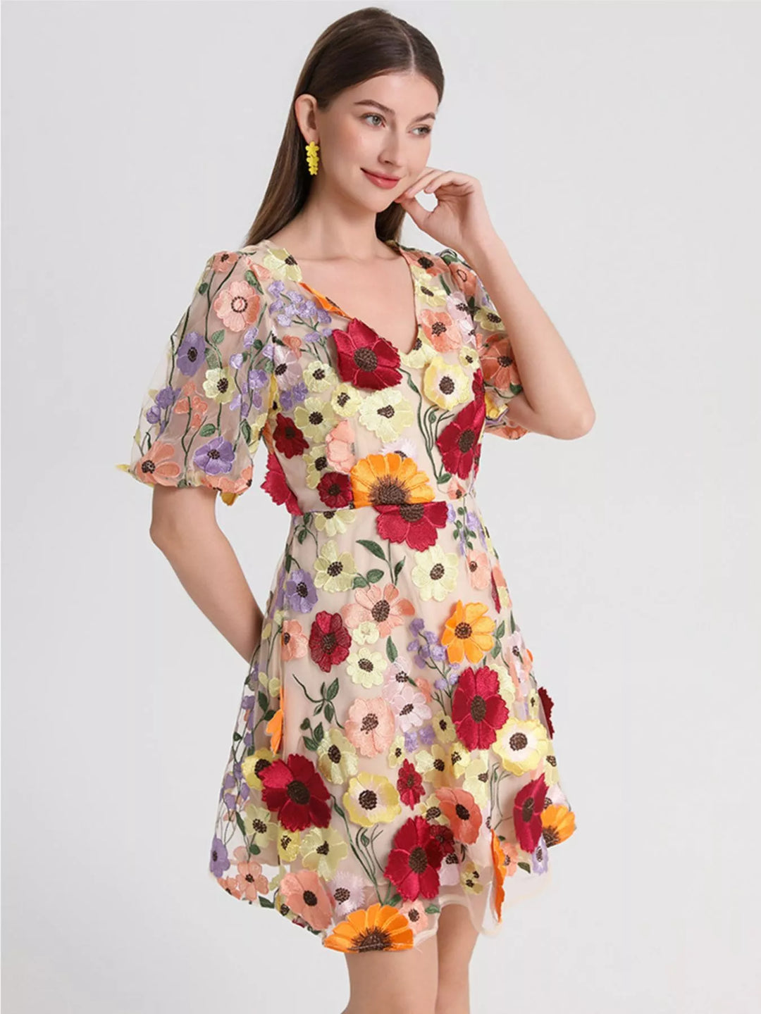 Plus Size Embroidered Floral V-Neck Mini Dress