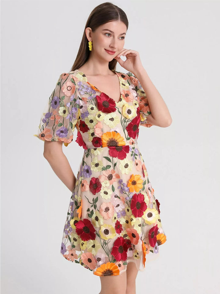 Plus Size Embroidered Floral V-Neck Mini Dress