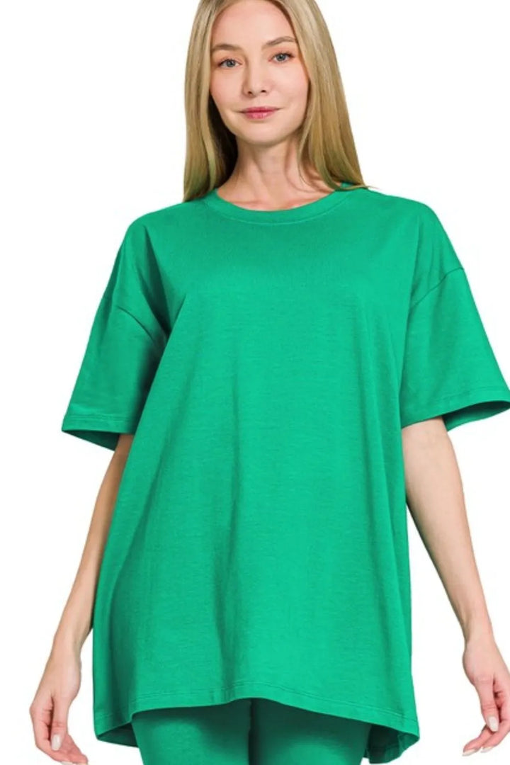 Zenana Cotton Round Neck Top & Biker Shorts
