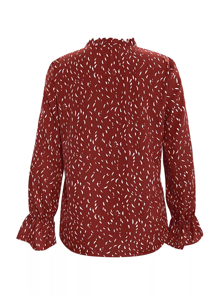 Ruffled Printed Tie Neck Long Sleeve Blouse