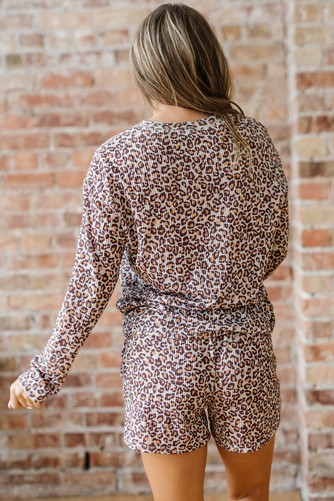 Khaki Leopard Ribbed Long Sleeve Top Drawstring Shorts 2pcs Outfit