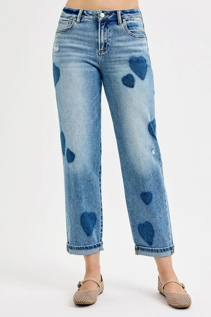 RISEN Full Size Mid Rise Fit-boyfriend Heart Shade Jeans Plus Size