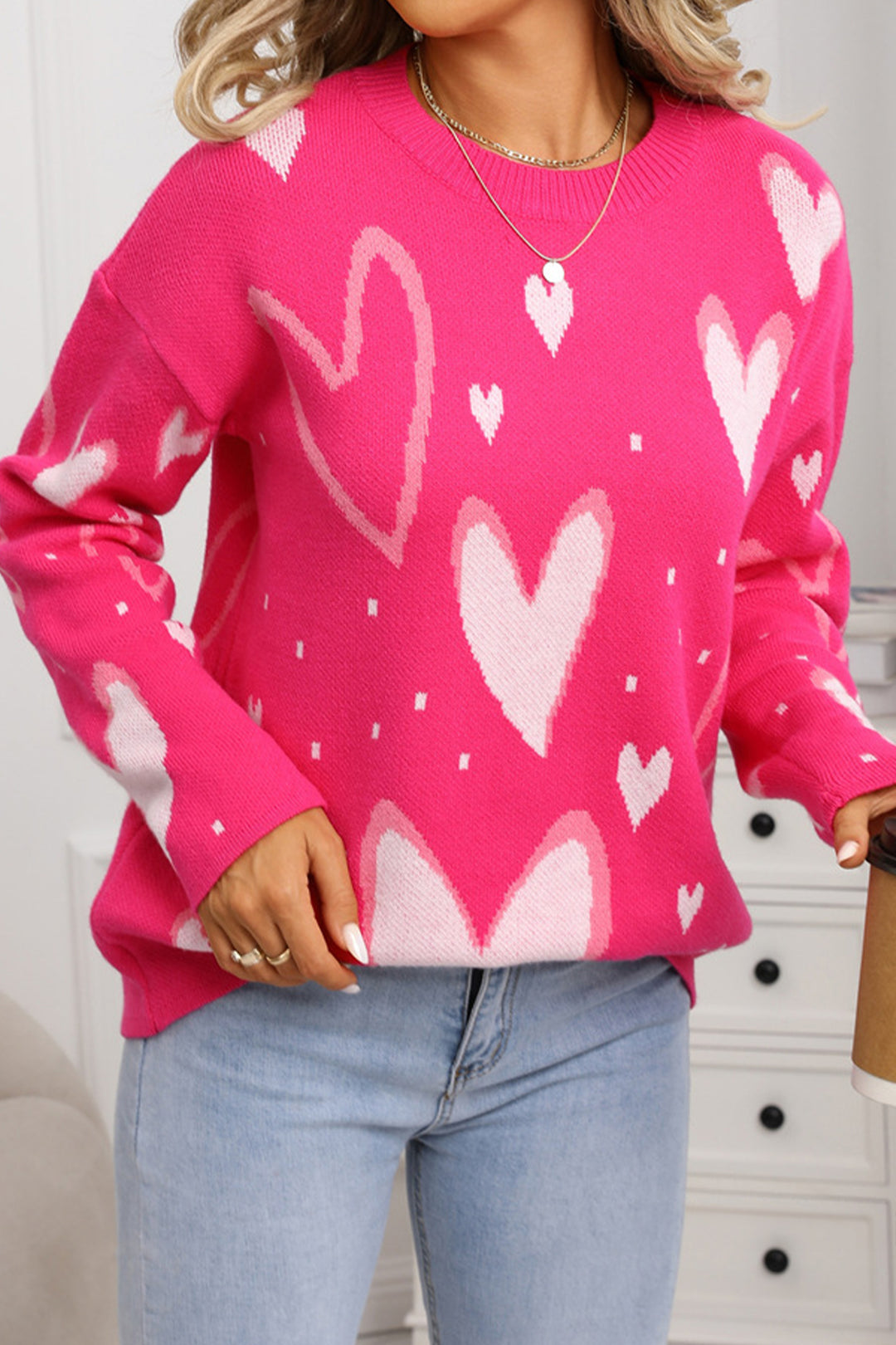 Rose Red Splendid Heart Print Valentines Day Sweater