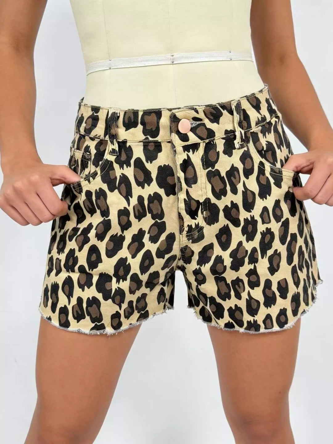 Leopard Print High-Waisted Denim Shorts