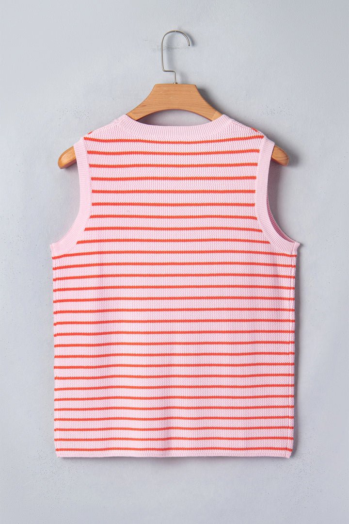 Pink Stripe Textured Knit Sleeveless Casual Sweater Top
