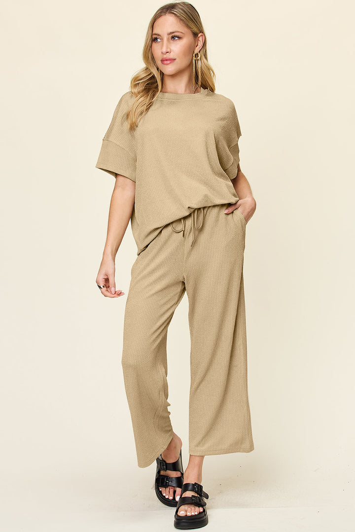 Textured Knit Top and Wide Leg Pant Set