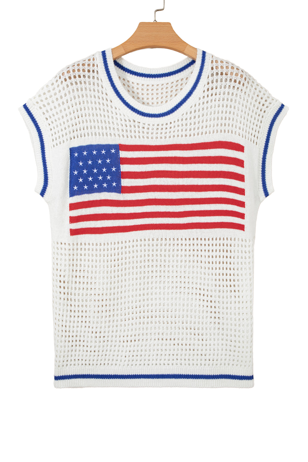 White USA Flag Eyelet Knitted Cap Sleeve Sweater Top