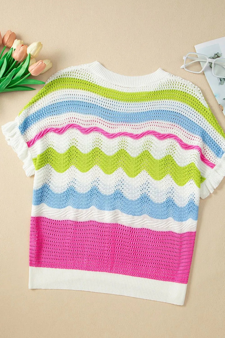 Color Block Crochet Ruffled Short Sleeve Knit Top