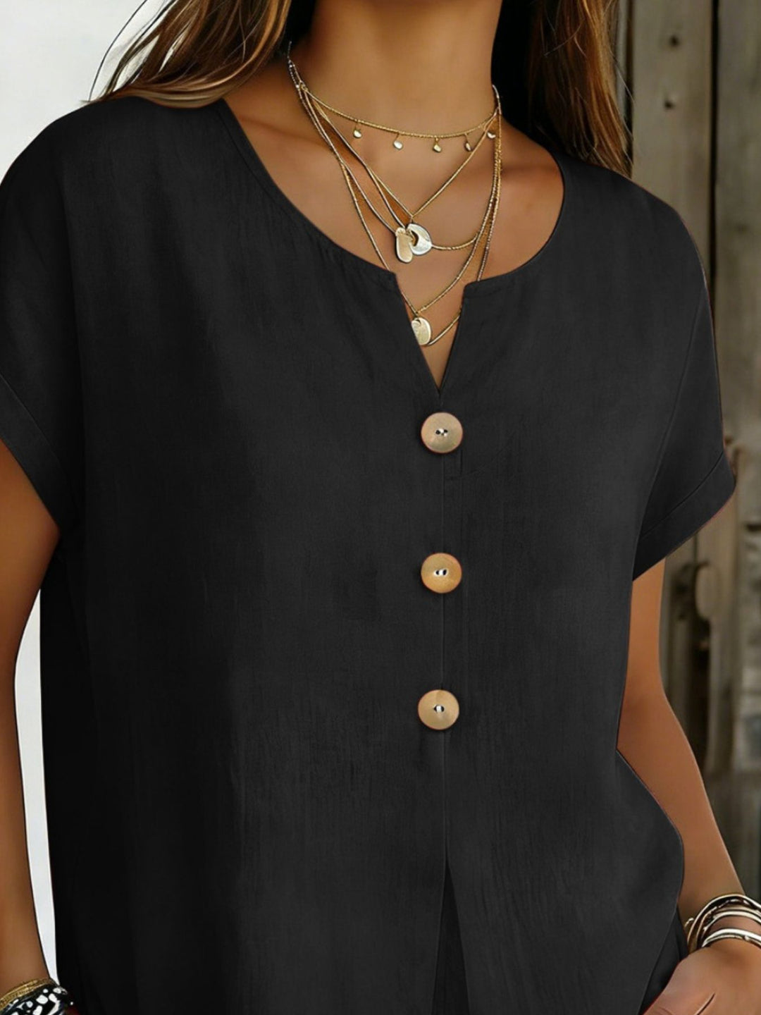 Decor Button Short Sleeve Blouse