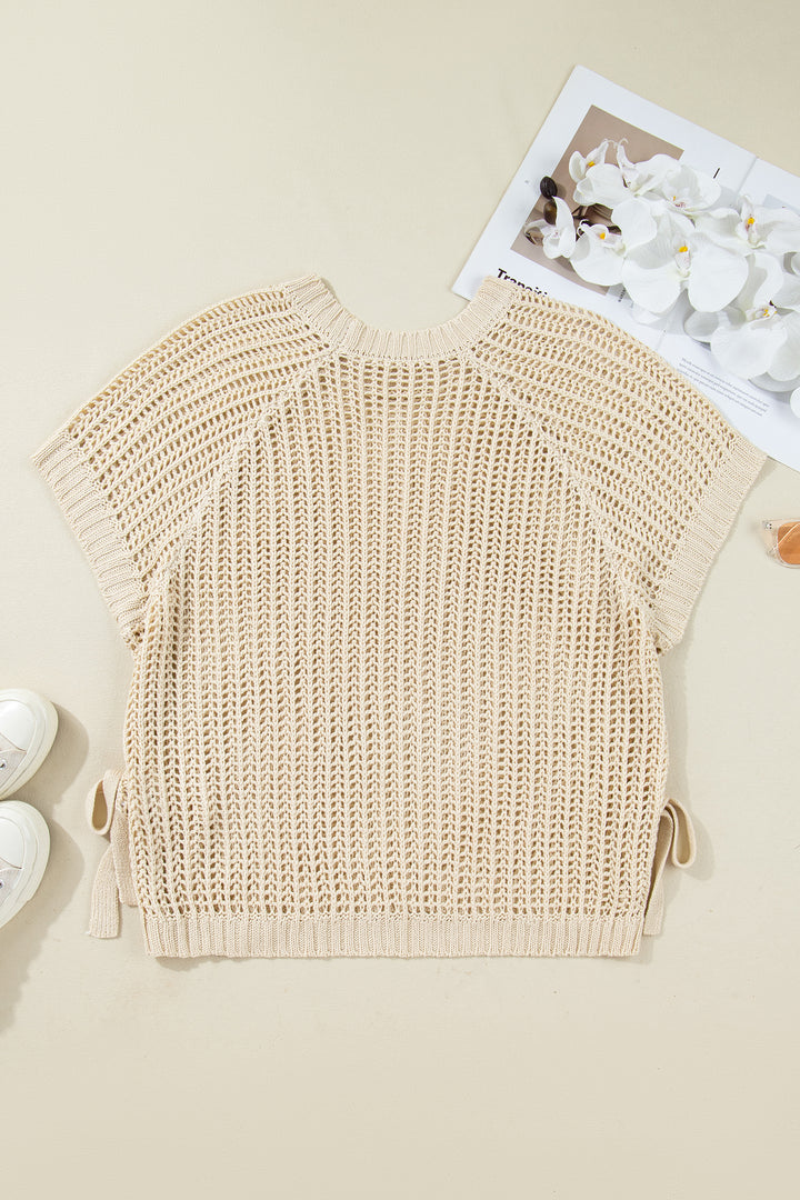 Apricot Plus Size Open Knit Bow Tie Short Sleeve Sweater