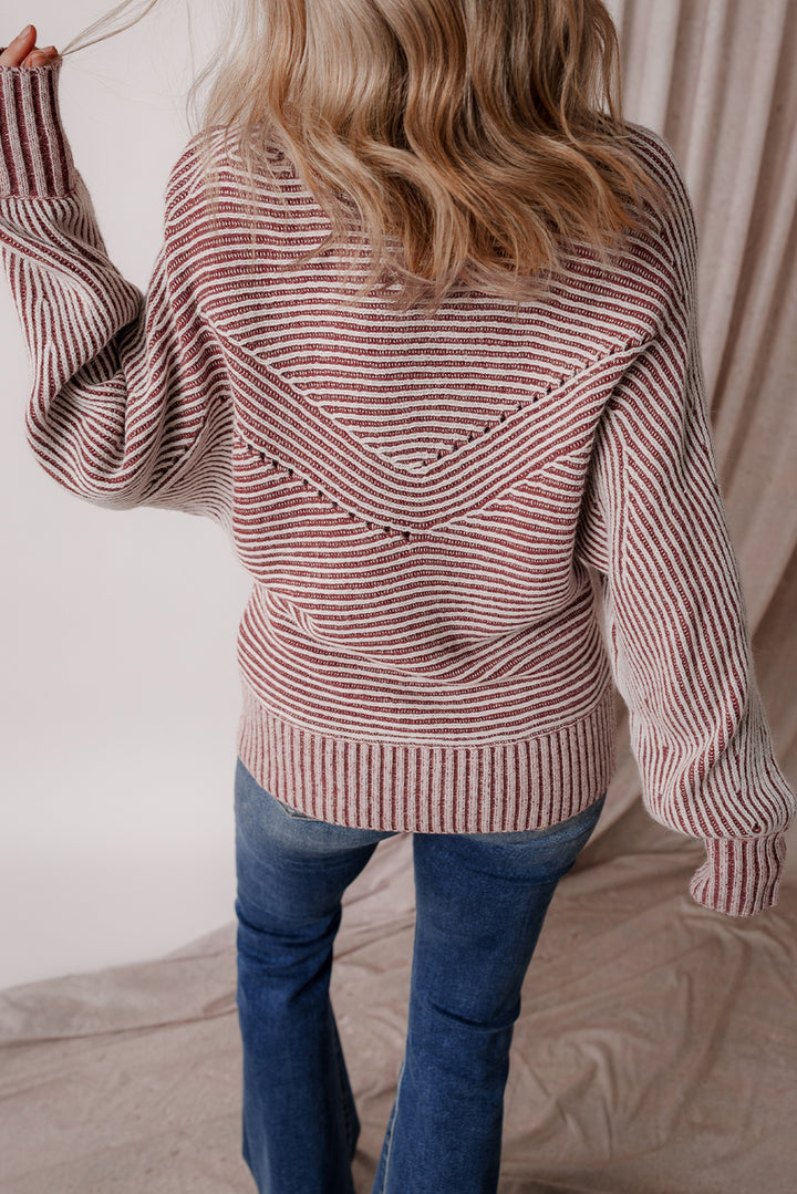 Red Dahlia Striped Print Ribbed Knit Boat Neck Baggy Sweater