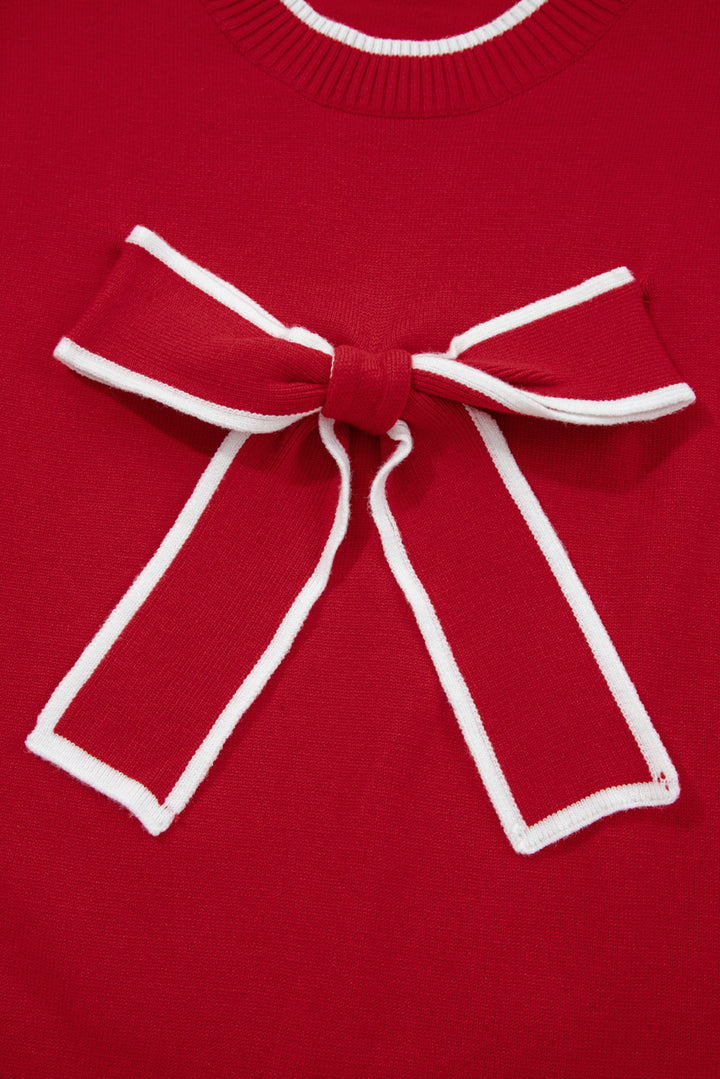 Fiery Red Contrast Trim Big Bow Accent Holiday Cropped Sweater