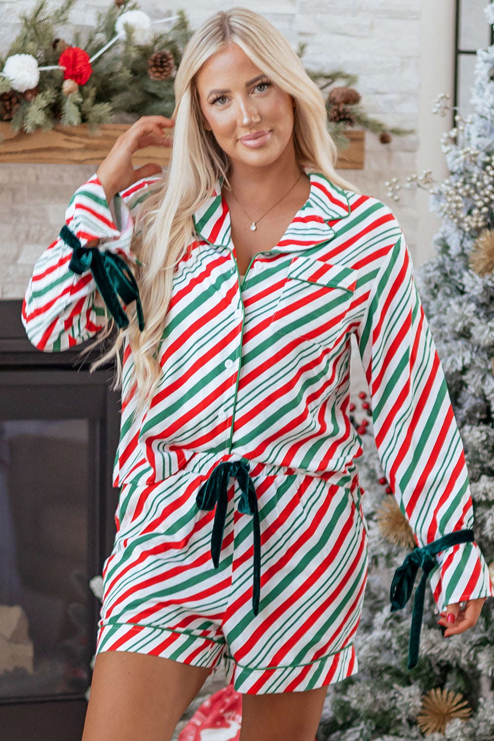 Green Stripe Contrast Velvet Ribbon Knot Christmas 2pcs Pajama Set