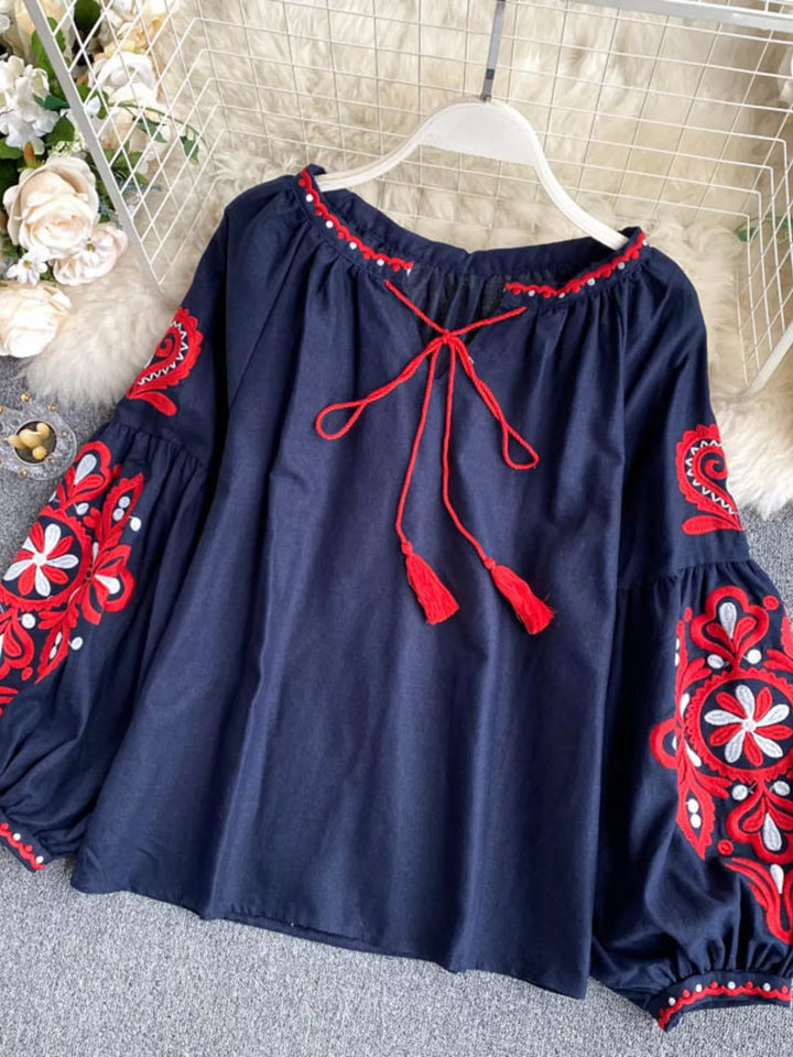 Embroidered Tassel Tie Neck Blouse