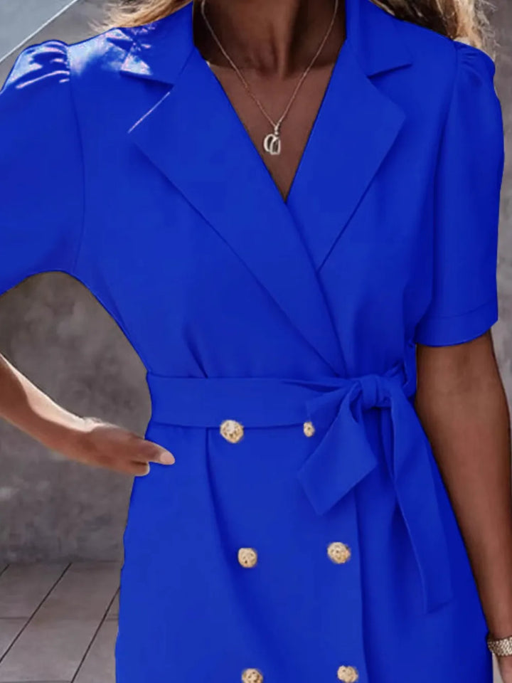Lapel Collar Short Sleeve Tie Waist Mini Dress