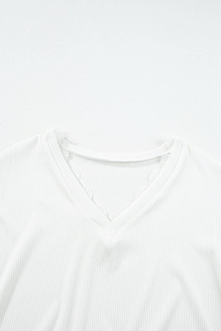 White Ribbed Texture Lace Trim V Neck Long Sleeve Top