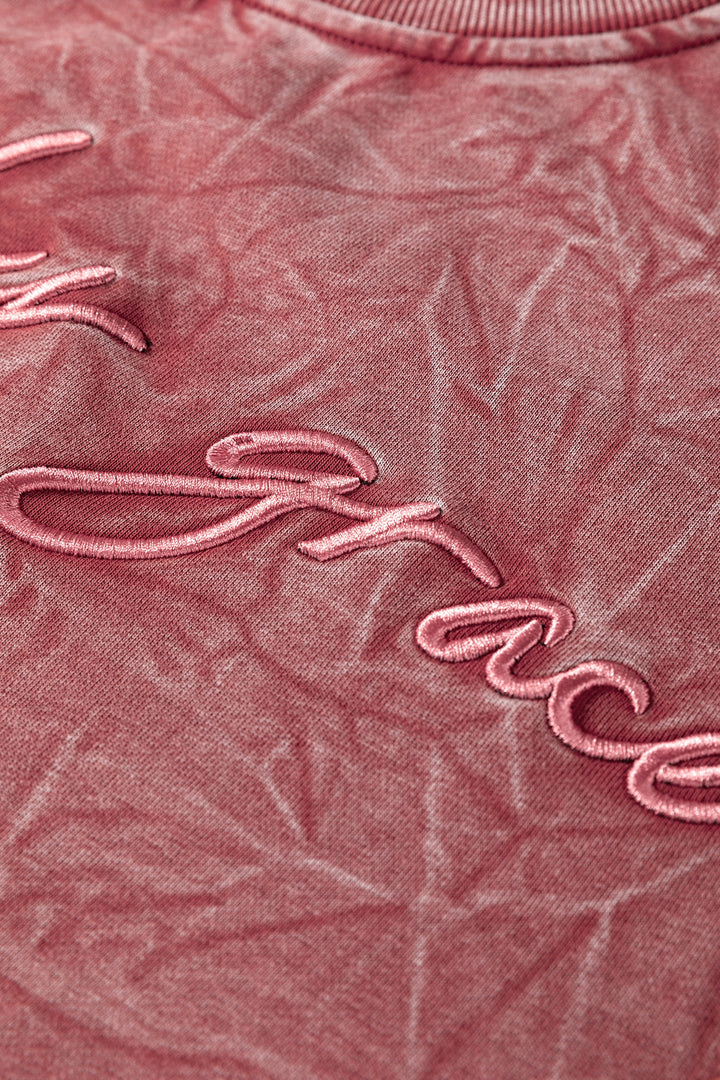 Mineral Red saved by grace Letter Embroidery Mineral Wash Loose Sweatshirt