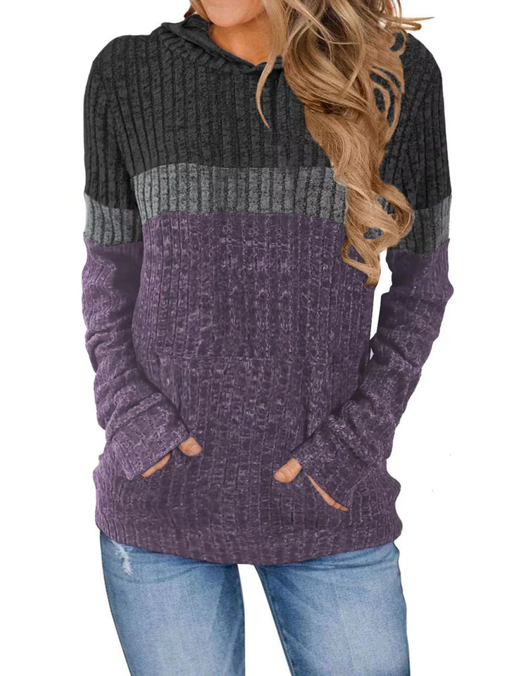 Full Size Color Block Ribbed Knit Hoodie Plus Size