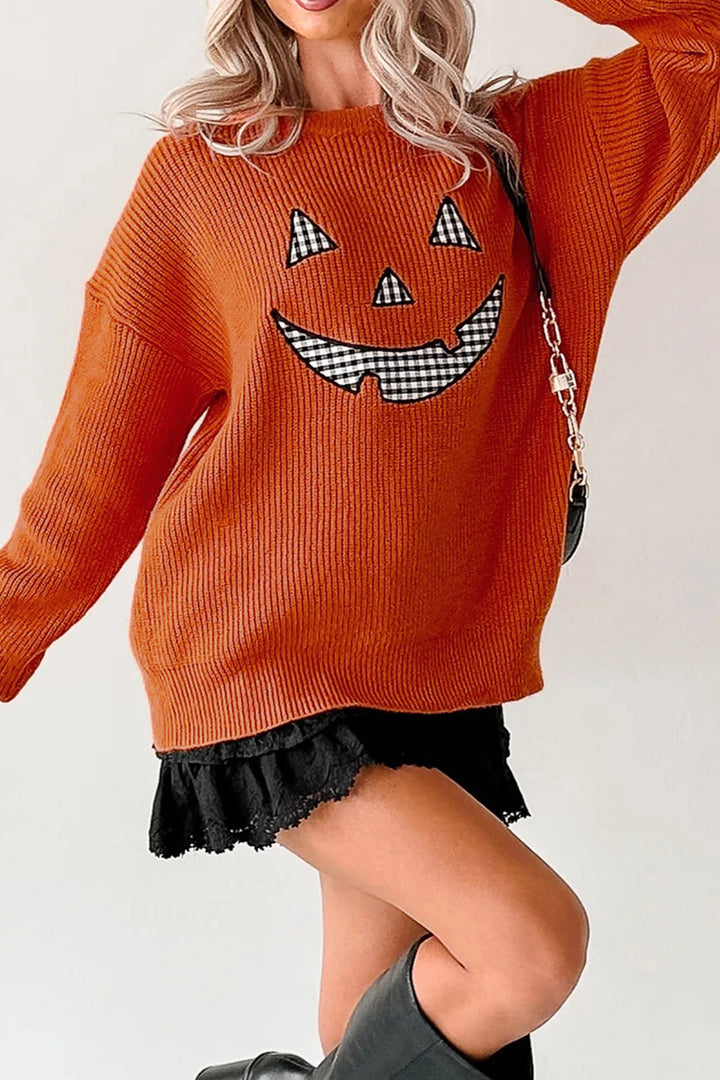 Orange Drop Shoulder Long Sleeve Round Neck Halloween Sweater