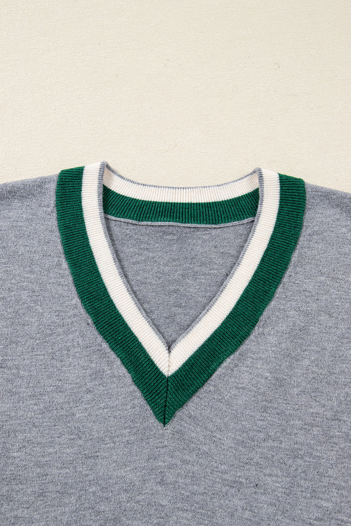 Gray Contrast Striped Trim V Neck Varsity Sweater