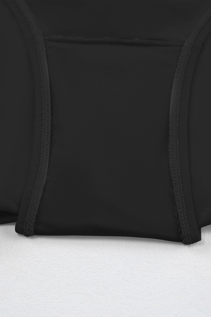 黑色純色方領無袖坦基尼泳衣