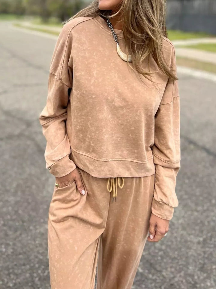 Full Size Washed Round Neck Top and Drawstring Pants Set Plus Size