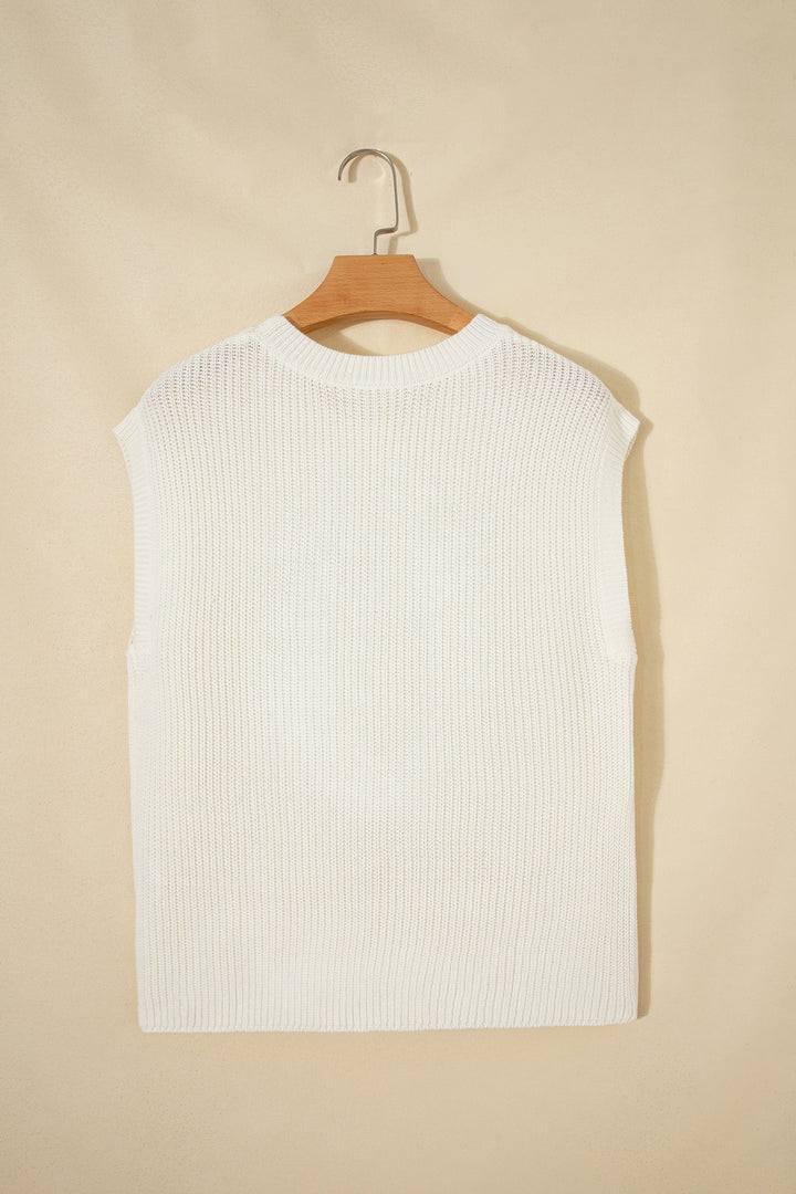White Crochet Horseshoe Short Sleeve Knit Sweater