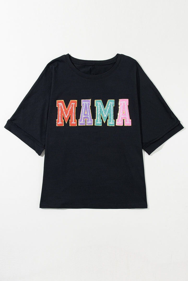 T-shirt ras du cou en chenille noire MAMA