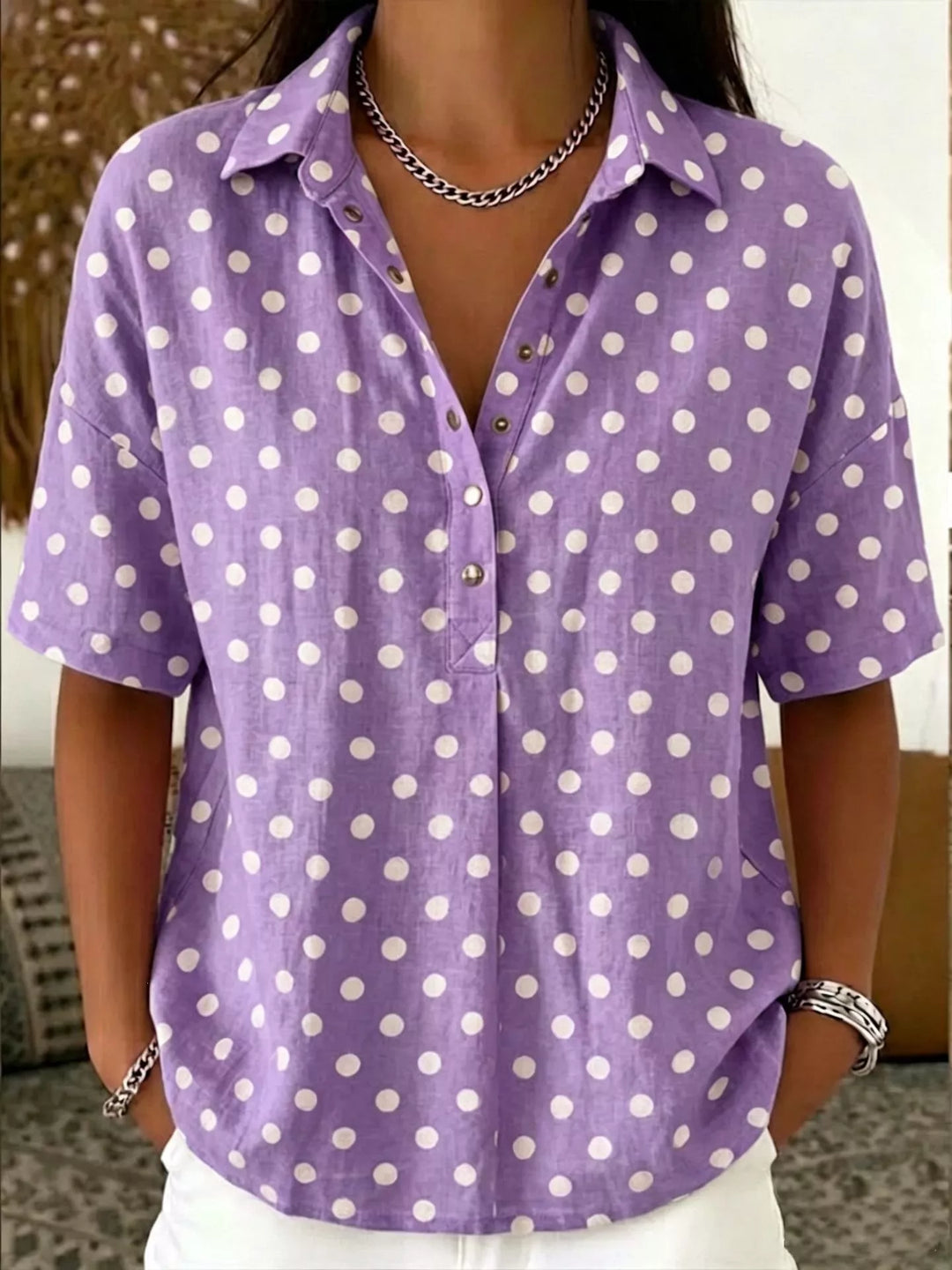 Full Size Polka Dot Short Sleeve Shirt Plus Size