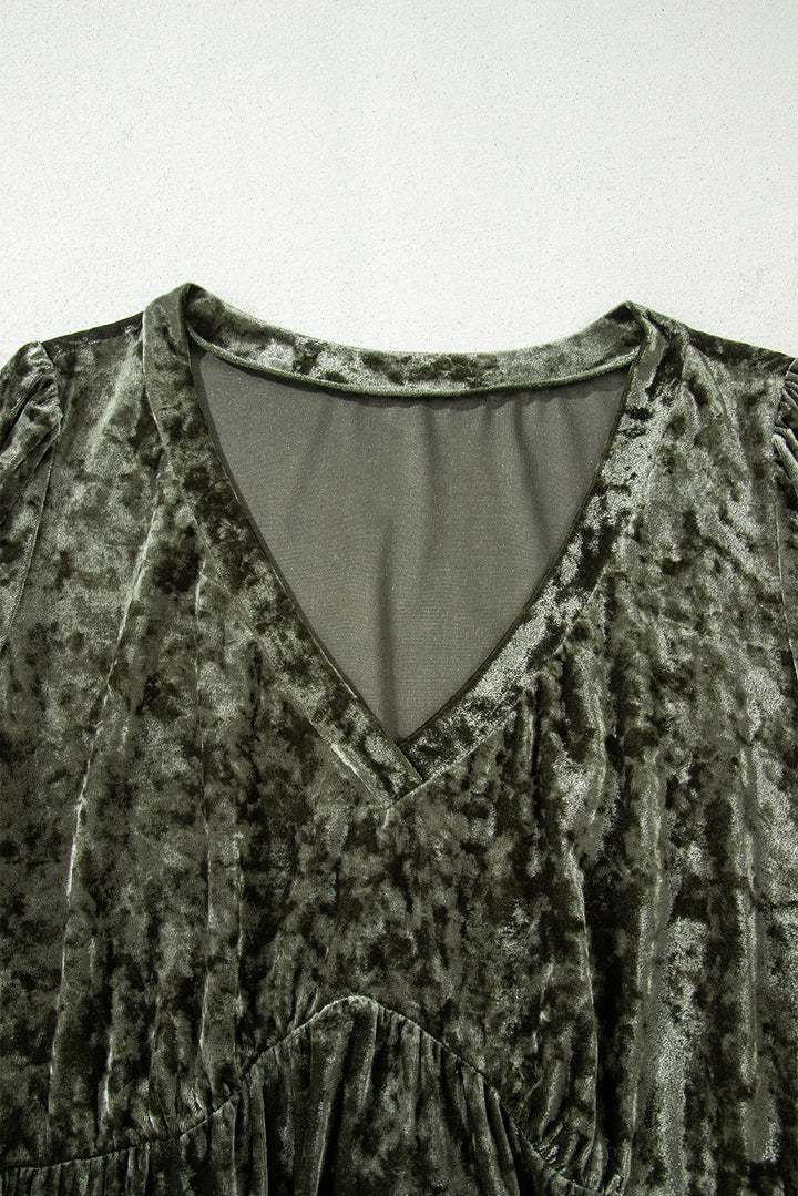 Jungle Green Plus Size Velvet Babydoll Mini Dress with Puff Sleeve