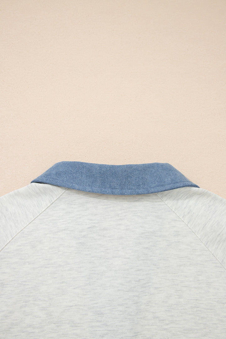Light Grey Denim Patchwork Buttoned Polo Collar Long Sleeve Top