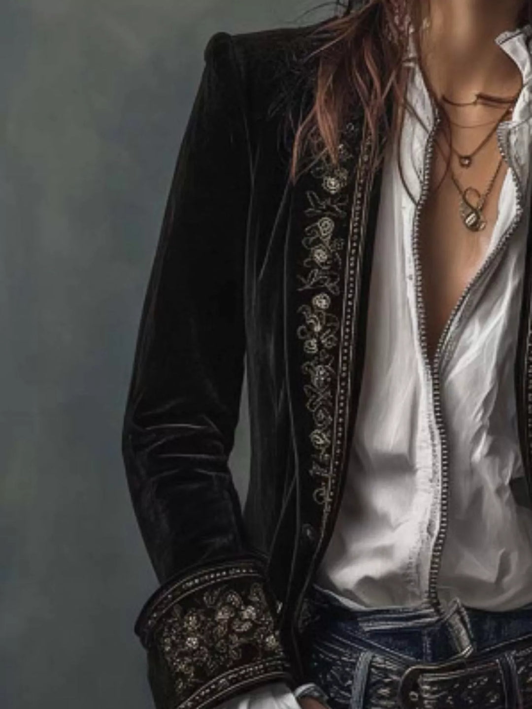 Embroidered Velvet Long Sleeve Outerwear