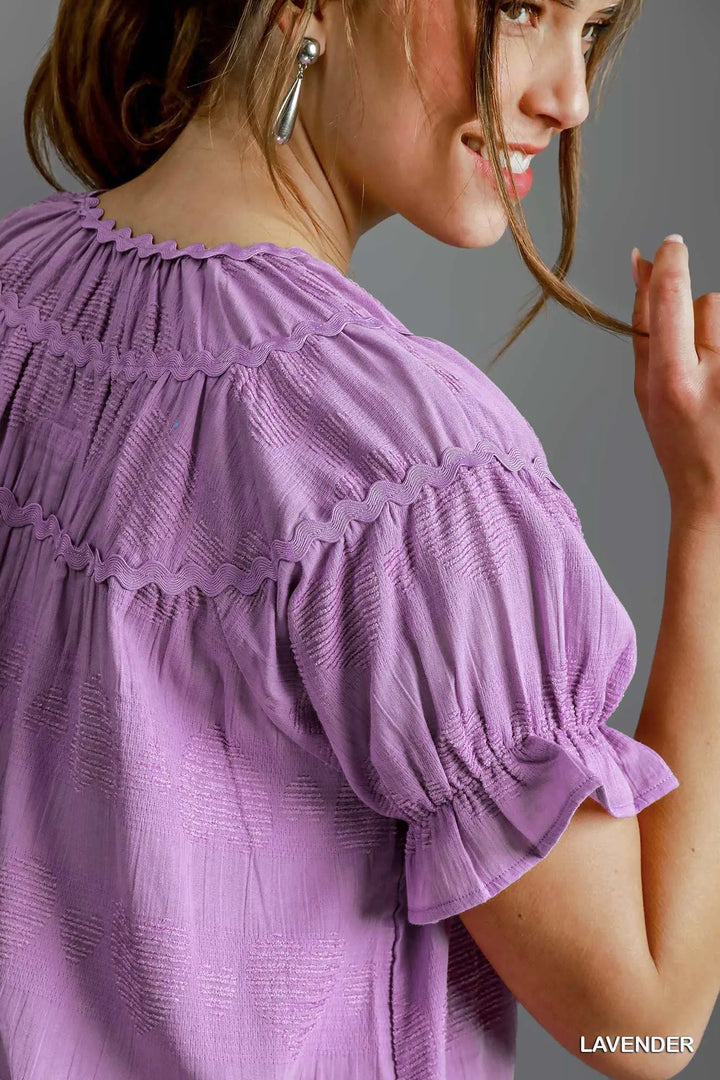 Umgee Heart Pattern Short Sleeve Ruffle Babydoll Dress